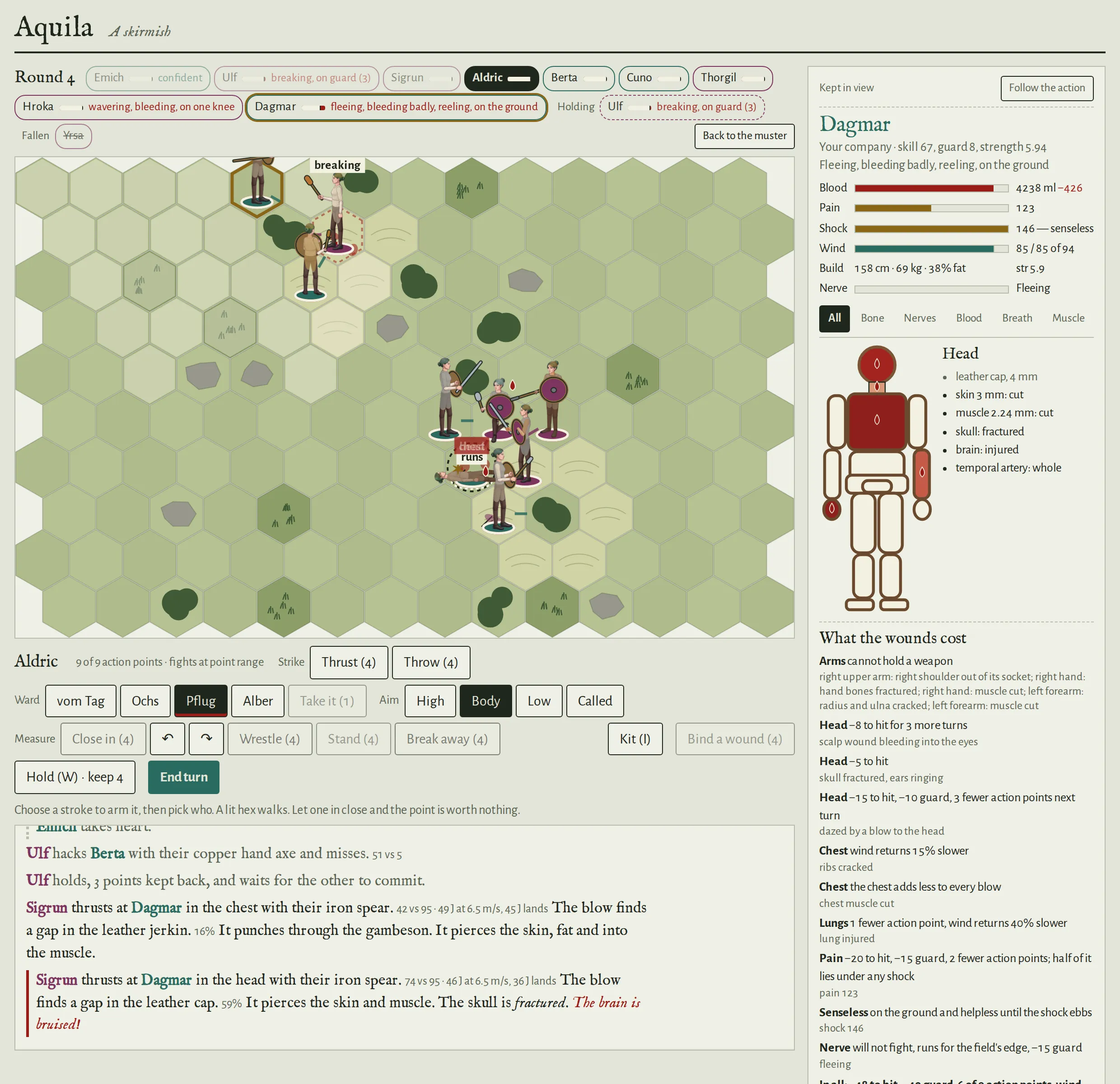 Round four of a battle. Yrsa lies dead on the hex field. On the right, the wound chart of Dagmar: a wound to the chest, losing about 426 ml of blood a round.